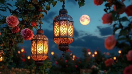 Obraz premium Decorative Lanterns Hanging Among Roses Under a Bright Moonlight