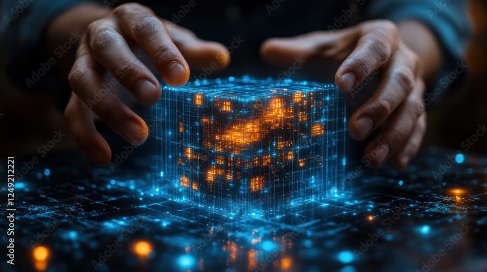 Poster hands interacting with virtual cube representing data and technology