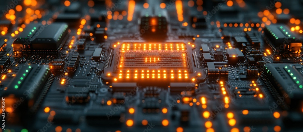 Poster high-tech circuit board with orange lights and microchip elements