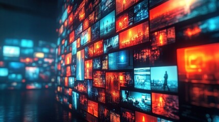 Dynamic Wall of Colorful Screens Displaying Modern Multimedia Broadcasts and Entertainment