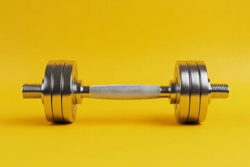 Shiny Silver Dumbbell on Yellow Background