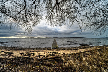 Serene Coastal Landscape with Pier Surrounded by Bare Tree Branches