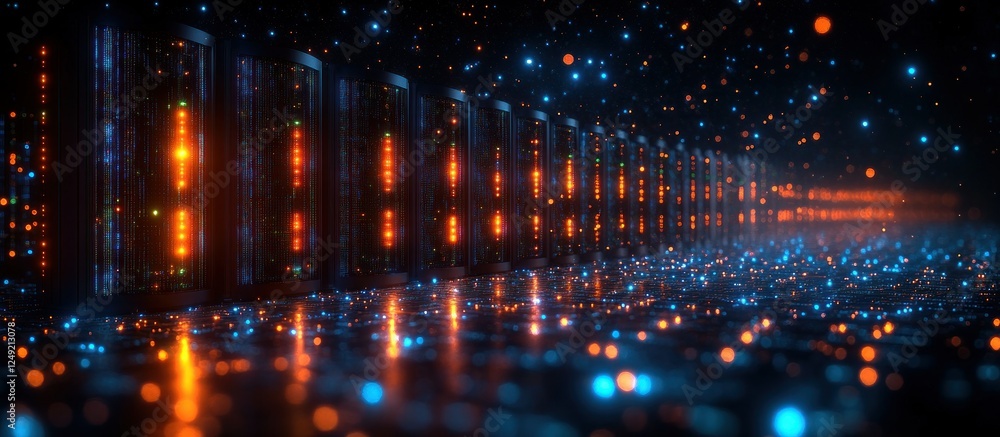 Poster abstract digital data center with illuminated server racks and lights