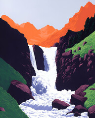 A stunning watercolor illustration showcasing a majestic waterfall cascading down rocky cliffs, surrounded by vibrant mountains and lush greenery, creating a serene natural landsca