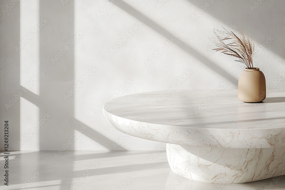 Poster marble table in soft light with abstract shadow on white wall for product mockup display