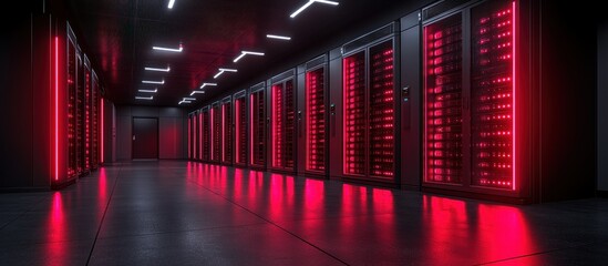 Fototapeta premium Futuristic Server Room with Red LED Lights and Modern Technology