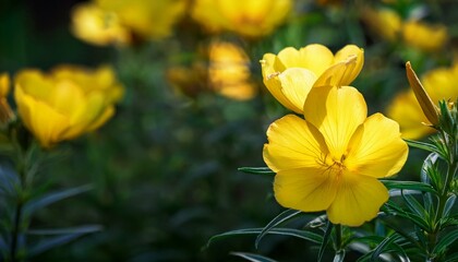 Obraz premium Oenothera biennis, Evening primrose yellow flowers in the herb garden