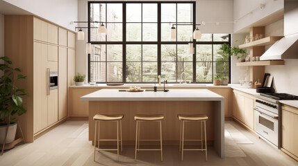 Fototapeta premium A Japandi-inspired kitchen with light wooden cabinets, white quartz countertops, and a neutral backsplash. The island features a sleek integrated sink with a chrome faucet and minimalist wooden barsto