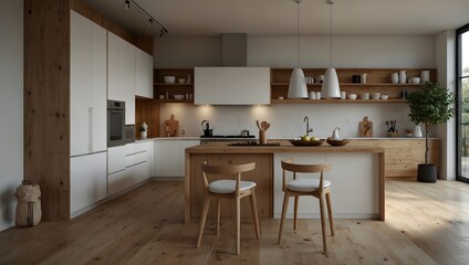 Bright and airy kitchen with wood accents, central island, and seating for a welcoming atmosphere