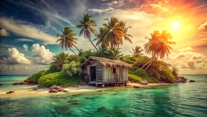 Naklejka premium Vintage Deserted Tropical Island Paradise: Sun-Kissed Shores & Lush Vegetation