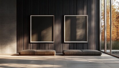 Minimalistic Empty Picture Frames on Dark Wooden Wall with Natural Light