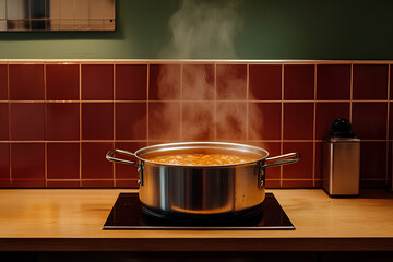Obraz premium A stainless steel pot filled with delicious steaming soup sits on a modern stovetop, emitting fragrant steam in a cozy kitchen setting with warm colors and rustic charm.