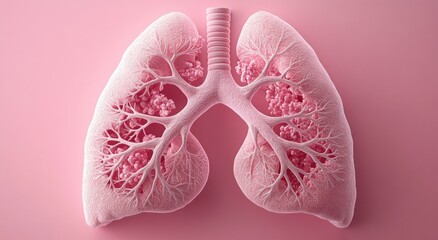 Hyper-realistic 3D Rendering of Human Lungs in Light Pink Color on Smooth Pink Background