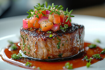 Grilled steak topped with fresh tomato salsa and garnished with herbs on white plate
