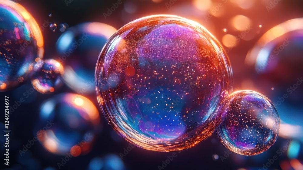Poster abstract colorful bubbles with iridescent glow and particles.