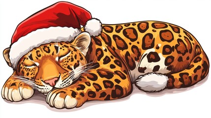 Sleepy Leopard with Santa Hat and Holiday Spirit, Christmas Joy
