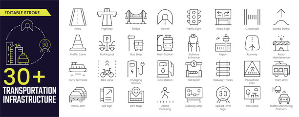 Transportation Infrastructure Stroke icon collections. Containing Road, Highway, Tunnel, Traffic, Airport, Bike Lane, Exit Sign, GPS Map, and more icons. Editable Stroke icon collection Outline icon