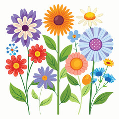Colorful Flower Garden Illustration: Vibrant Floral Clipart, Spring Flowers, Botanical Art, Cartoon Style, Nature Design Elements
