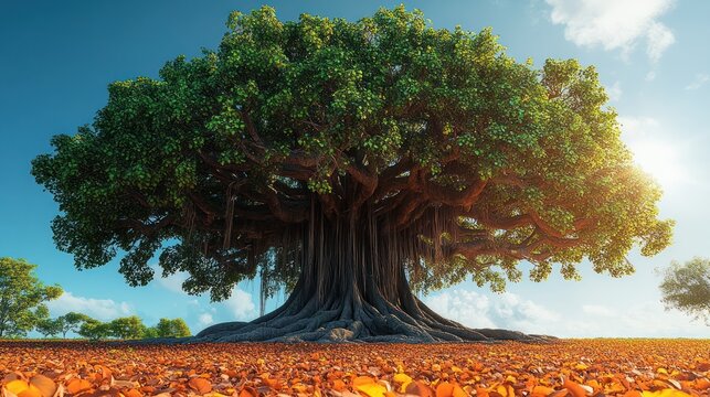 Majestic Banyan Tree Under Bright Blue Sky in Sydney Botanical Gardens