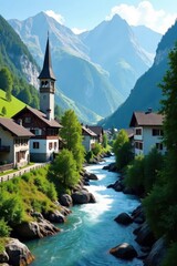 Idyllic Swiss village nestled beside a rushing stream , peaceful, stone, tranquility
