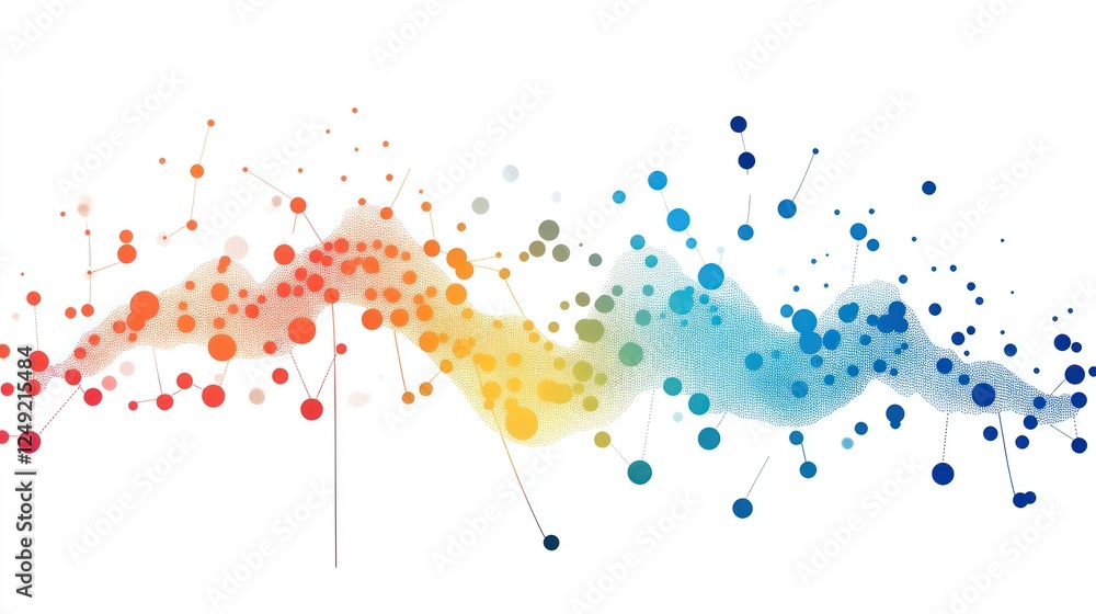 Poster abstract colorful data visualization with interconnected nodes forming a wave-like pattern on white 
