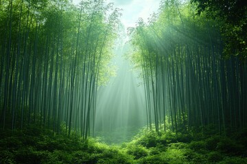 Obraz premium Serene Bamboo Forest with Sunlight Streaming Through Lush Greenery