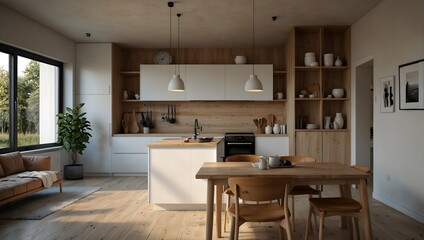 Fototapeta premium Modern kitchen with clean lines, light wood cabinets, and a white island illuminated by natural light