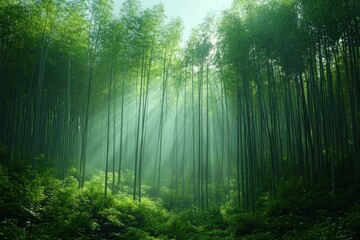 Obraz premium Lush bamboo forest with sunlight streaming through, creating a serene atmosphere