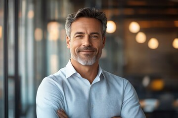Obraz premium Confident Businessman Smiling in Modern Office Portrait Executive Manager Executive