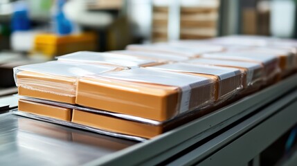Stacked packages on a conveyor belt in a warehouse setting, showcasing organized logistics