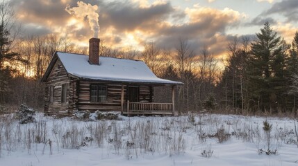 A cabin deep in the wilderness, its chimney emitting soft smoke against a dramatic winter sky