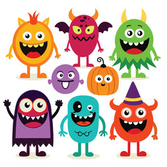 Cute Cartoon Halloween Monsters Vector Illustration: Funny Colorful Monster Characters for Kids, Party Decorations, & Graphic Design