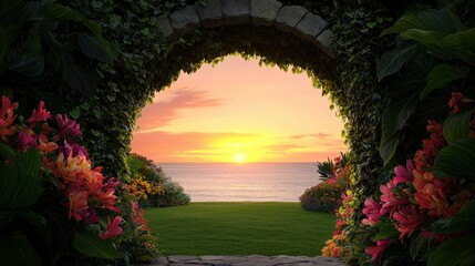 Obraz premium A vibrant sunset viewed through a stone archway, surrounded by colorful flowers and lush greenery, leading to a serene ocean landscape.