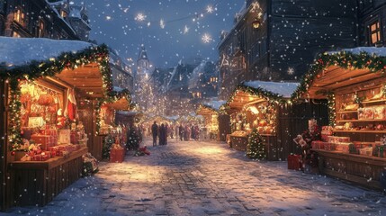 Fototapeta premium A charming European Christmas market, snowflakes falling gently over wooden stalls filled with festive goods