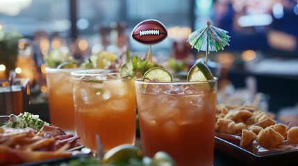 Refreshing iced cocktails garnished with lime and decorated with football and umbrella picks, perfect for a game day party.