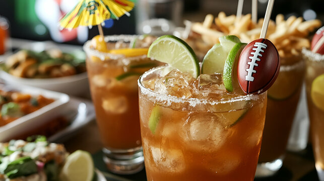 Refreshing iced tea cocktails garnished with lime wedges and miniature footballs, perfect for game day celebrations.  Enjoy this vibrant and festive beverage.