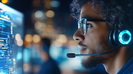 Focused professional analyzing data metrics while using advanced technology in a modern office