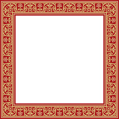 Vector square gold with red border, frame, Pompeii. Rectangle Neopolitan ornament. Art of Ancient Rome. Template for stained glass