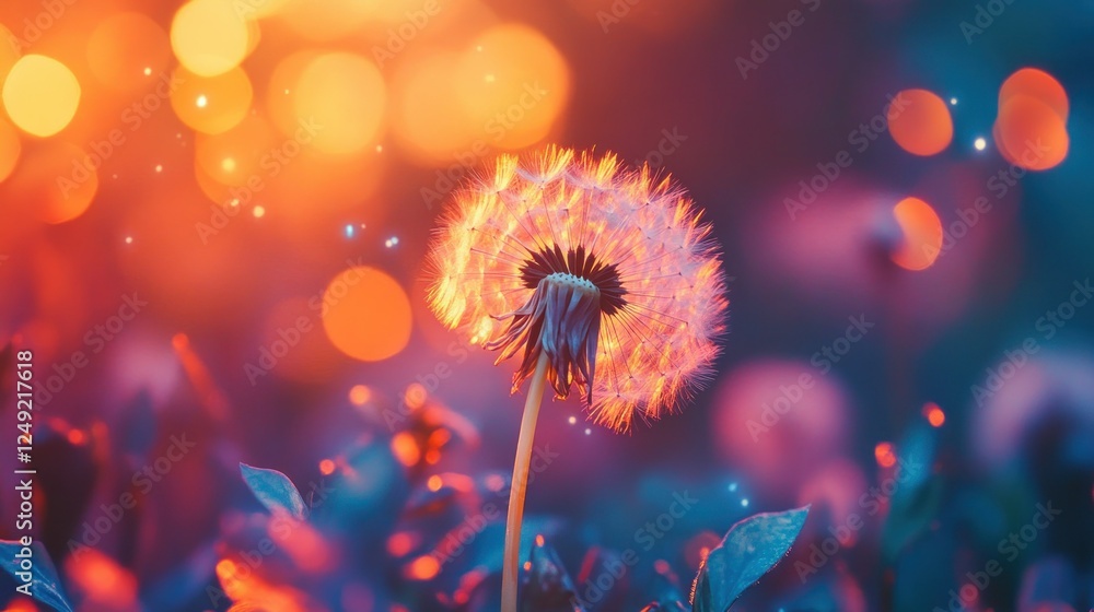Poster dandelion in soft light against a vibrant colorful bokeh background