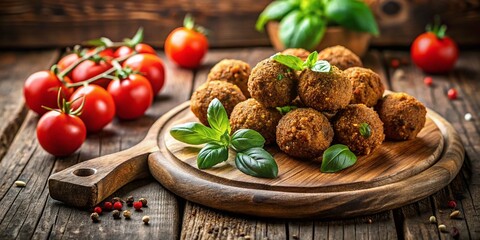 Vintage Photo: Fresh Falafel, Tomatoes & Basil on Rustic Wooden Board
