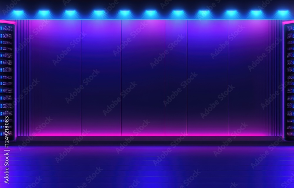Poster abstract futuristic server room with glowing blue and purple neon lights creating a high-tech ambian