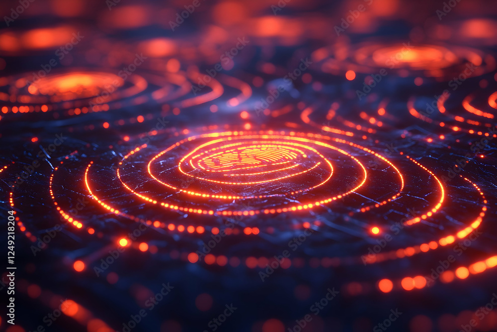 Poster abstract glowing circular patterns on a dark textured surface, ideal for technology or sci-fi backgr