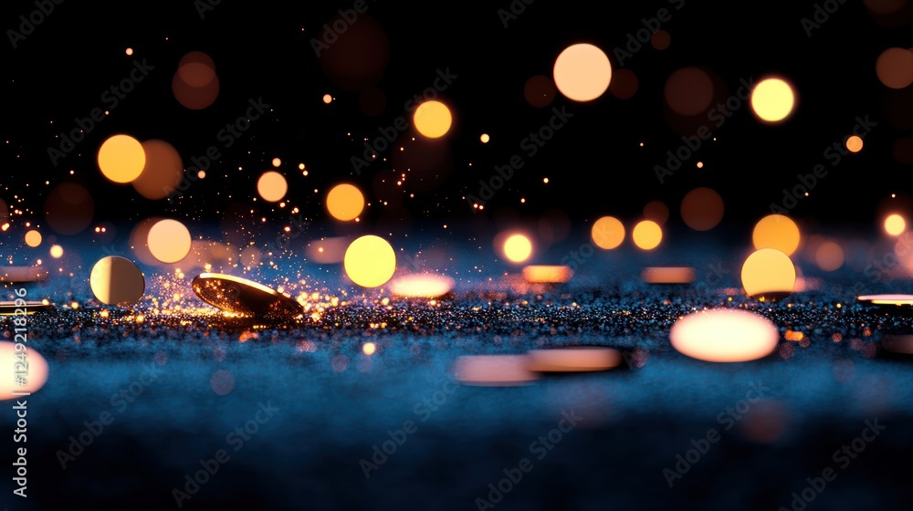 Poster shimmering bokeh lights and glittering particles on dark background