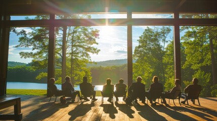 Executive Leadership Retreat with Top Managers Engaging in Team-Building, Strategic Planning, and Motivational Talks in a Serene Retreat Environment