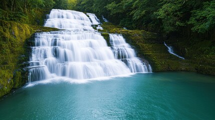 Obraz premium A serene waterfall cascades down rocky tiers into a tranquil turquoise pool, surrounded by lush greenery, creating a peaceful natural oasis.
