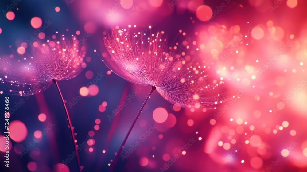 Poster ethereal dandelion seeds floating amidst colorful abstract background