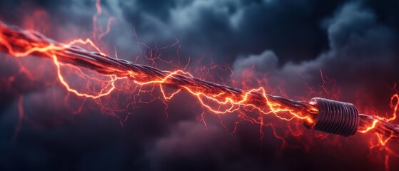 Close-up View of Electrifying Wire with Bright Red Lightning and Dramatic Dark Stormy Background