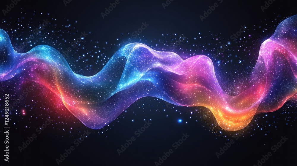 Poster abstract colorful glowing wave with particles.