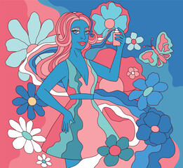 Woman with Perfume, Pouring Rainbow in Pop Art Style	