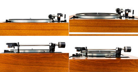 Fototapeta premium Collection of images with vintage stereo turntable vinyl record player isolated on white background